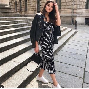 black polka dot cowl neck cami slip midi dress